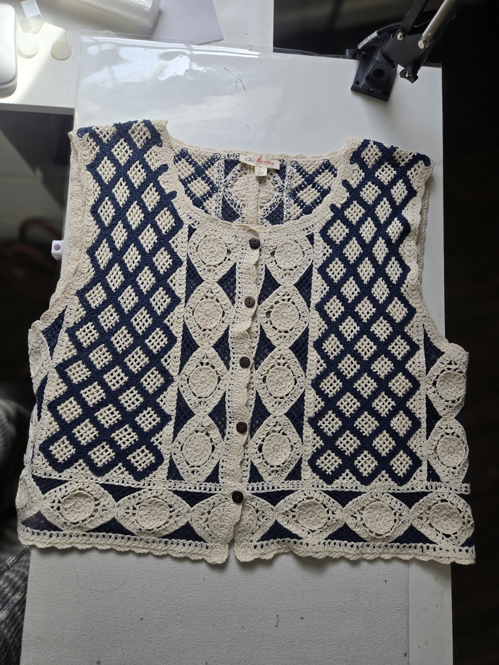 Vintage-Inspired Crochet Button-Front Top in Navy and Cream